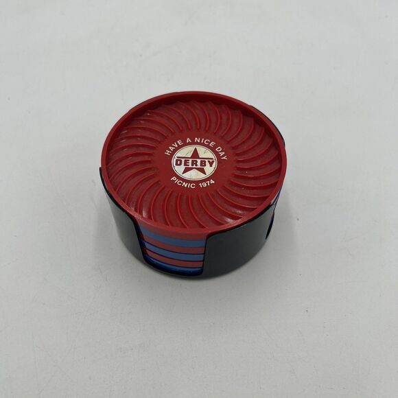 VTG Derby Gas Oil Advertising Drink Coasters Picnic 1974 Reb Blue With Holder - Picture 1 of 6